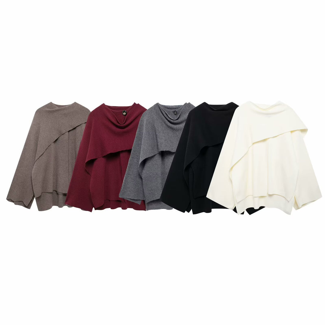 Damen nan zweilagiger Strickponcho mit asymmetrischem Saum und dekorativem Knopfkragen Echo Archiv