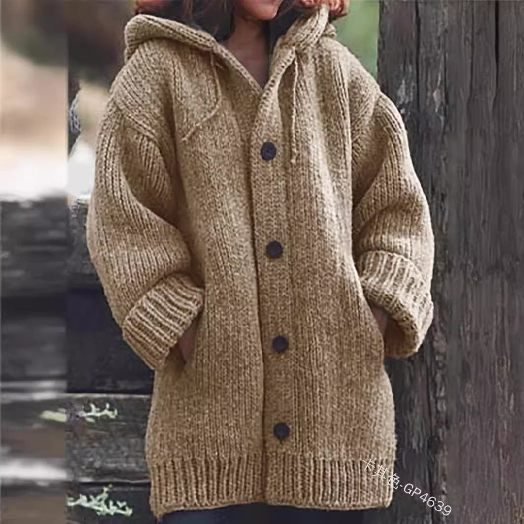 Damen weit geschnittener Kapuzen-Strickmantel mit Knopfleiste und Eingrifftaschen Echo Archiv
