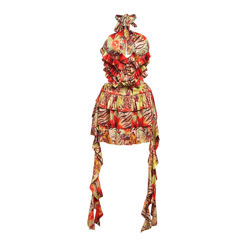 Damen Rüschenkleid mit floralen Motiven und verstellbarem Träger Echo Archiv