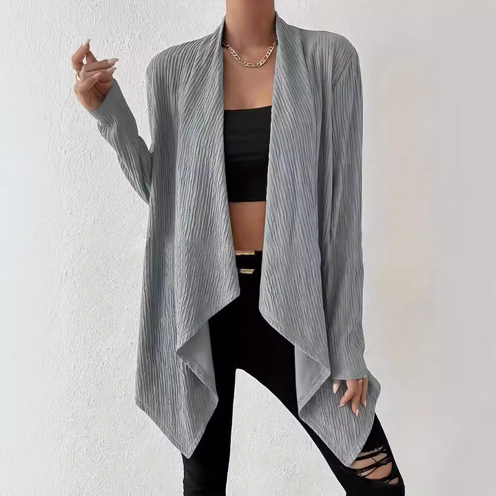 Damen Offener Crinkle-Cardigan mit Wasserfall-Saum und Longline-Silhouette – Veloura