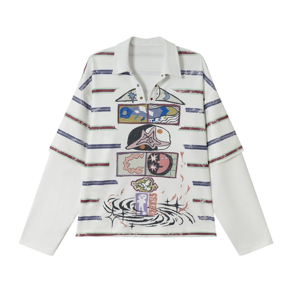 Damen Waffel-Polo-Shirt mit Grafik-Print, Streifen und halber Druckknopfleiste Echoarchiv