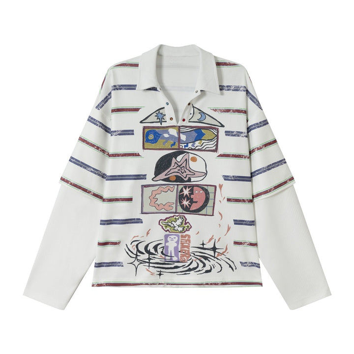 Damen Waffel-Polo-Shirt mit Grafik-Print, Streifen und halber Druckknopfleiste Echoarchiv
