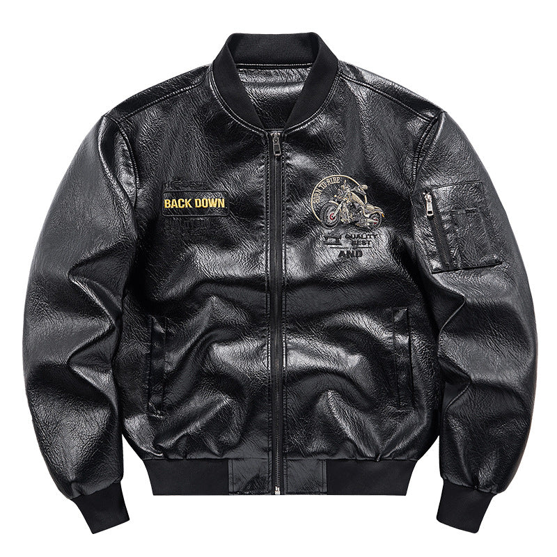 Herren Biker Lederimitat Bomberjacke mit Stickpatches und Ärmeltasche – Brevano