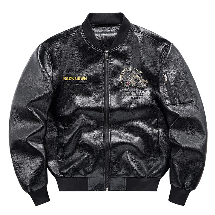 Herren Biker Lederimitat Bomberjacke mit Stickpatches und Ärmeltasche – Brevano