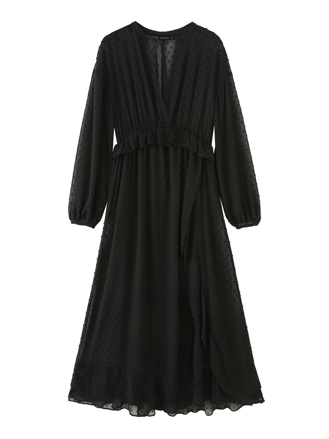 Damen luftiges Chiffon Midikleid mit V-Ausschnitt und Volantbund – Élara