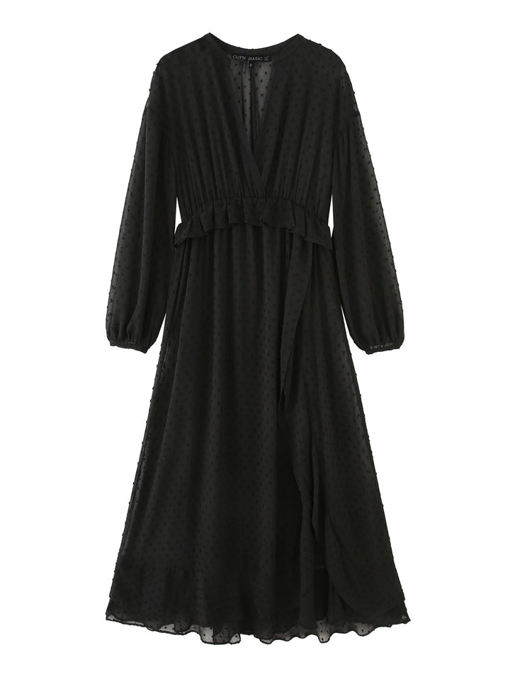 Damen nan luftiges Chiffon Midikleid mit V-Ausschnitt und Volantbund Echo Archiv