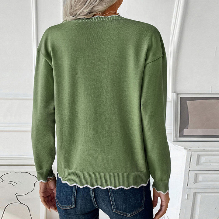 Damen Feinstrick-Pullover mit Reißverschluss-Kragen und gewellter Kontrastkante Echoarchiv