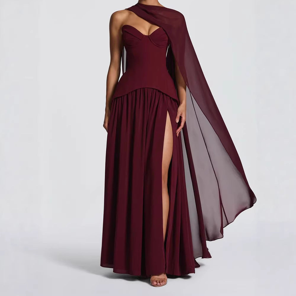 Damen Elegantes Maxikleid mit Abnehmbarem Cape Echo Archiv