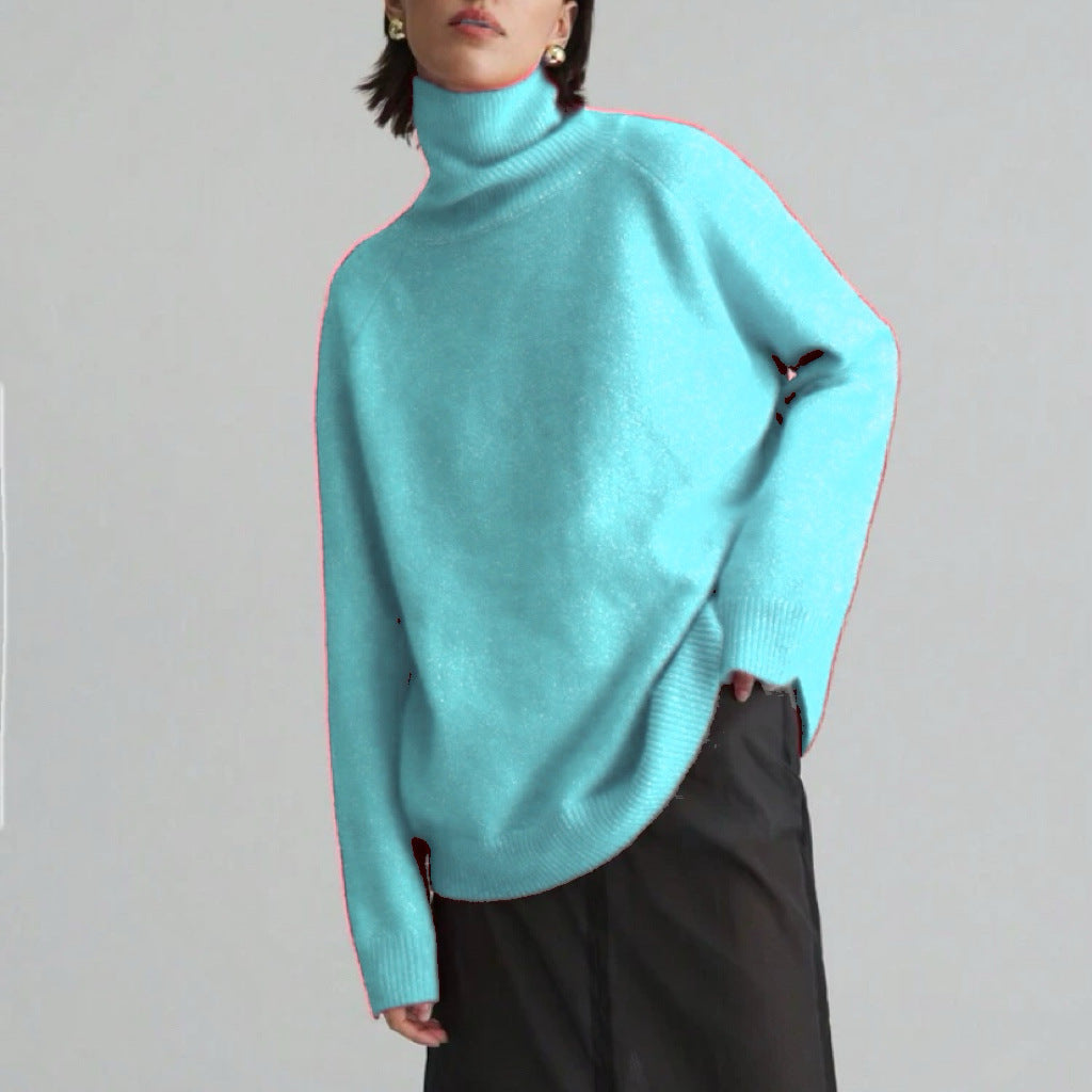 Damen Oversize Rollkragen-Feinstrickpullover mit Raglanärmeln und seitlichen Schlitzen – Mavelle