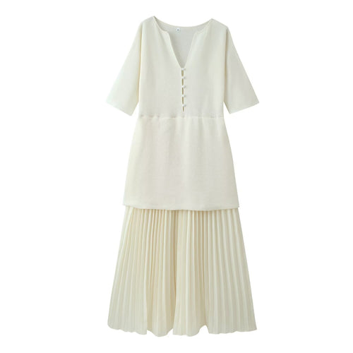 Damen plissiertes Midi-Kleid mit eleganter Knopfleiste und V-Ausschnitt Echo Archiv