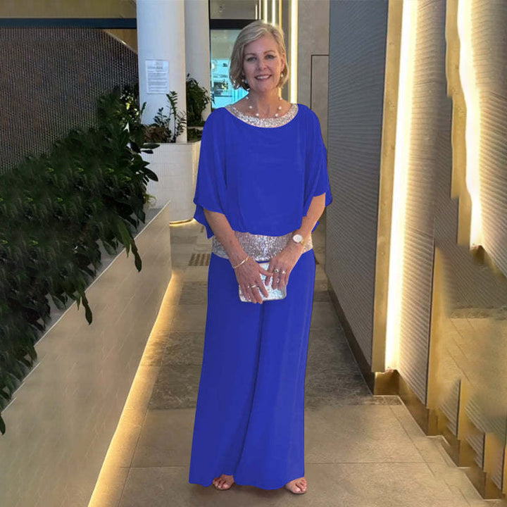 Damen Elegantes Zweiteiliges Abendensemble mit Chiffon-Cape, Paillettenbesatz und Palazzo-Hose Echoarchiv