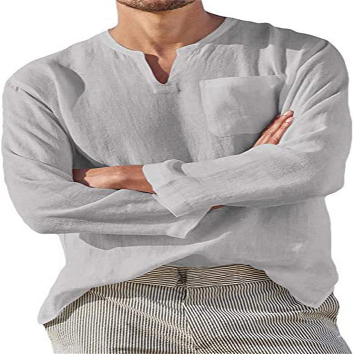 Herren lässiges Langarmshirt mit V-Ausschnitt und praktischer Brusttasche Echoarchiv