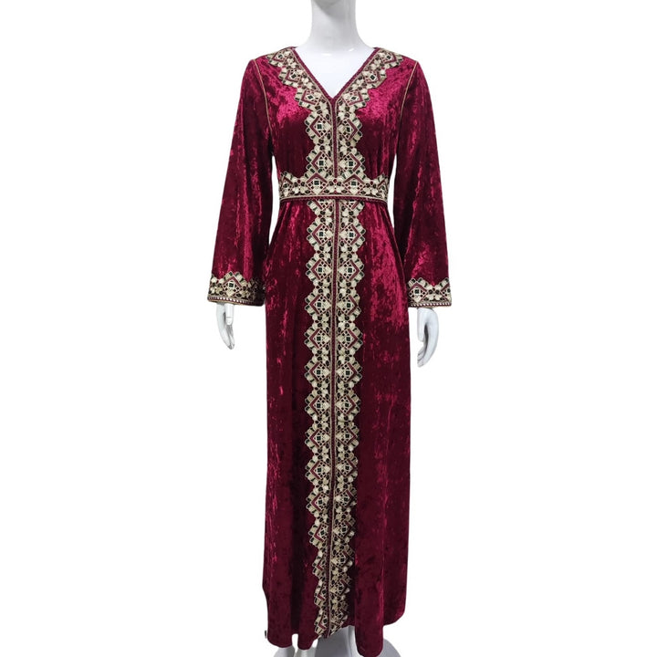 Damen Samt‑Maxikleid im Kaftanstil mit bestickter Mittelblende und Taillengürtel Echoarchiv