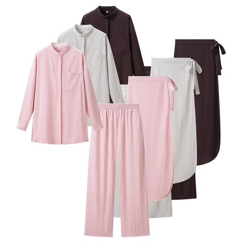 Damen nan luxuriöses Lounge-Dreiteiler-Set mit Oversize-Hemd, Elastikbund-Hose und Wickelrock Echo Archiv