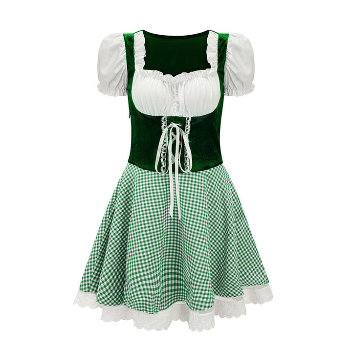 Damen nan bayerisch inspiriertes Mini-Dirndl mit geschnürtem Mieder, Puffärmeln und Vichykaro-Rock Echo Archiv