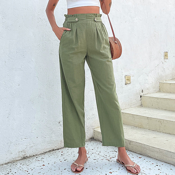 Damen Hochtaillierte Culotte-Hose mit Bundfalten, Knopf-Tabulierung und weitem Bein Echoarchiv