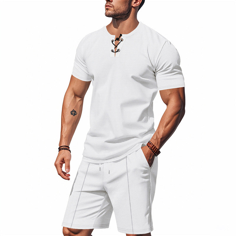 Herren Kurzarm-Henley-Set mit modischem Schnürdesign und atmungsaktivem Material Echoarchiv
