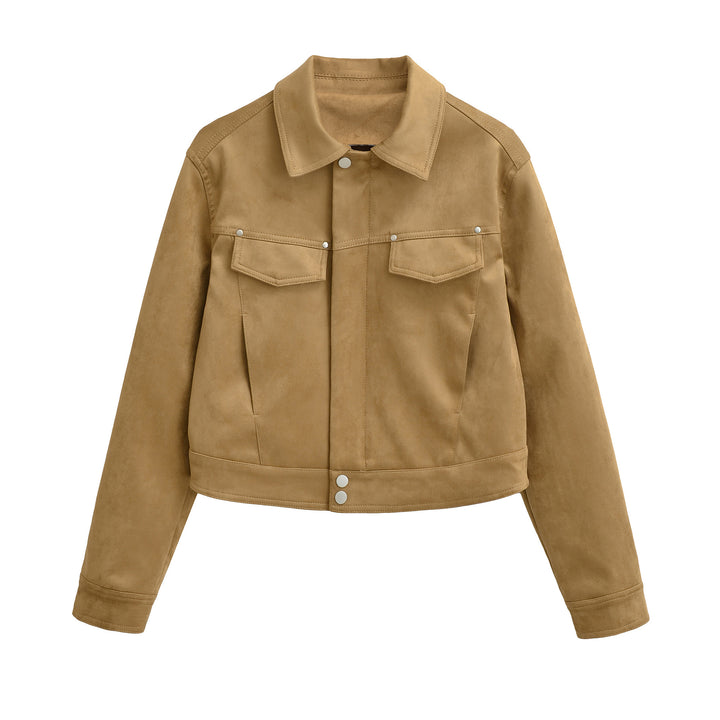 Damen Kurze Velours-Optik Jacke mit Druckknopf-Leiste und aufgesetzten Brusttaschen Echoarchiv