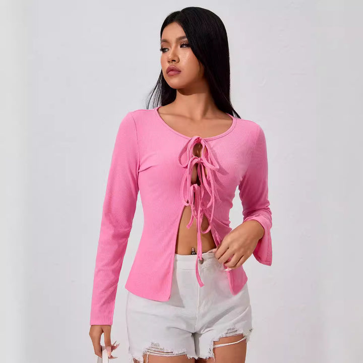 Damen geripptes Longsleeve-Top mit mehrfachem Front-Schnürdetail, Cut-Outs und taillierter Passform – Avérine