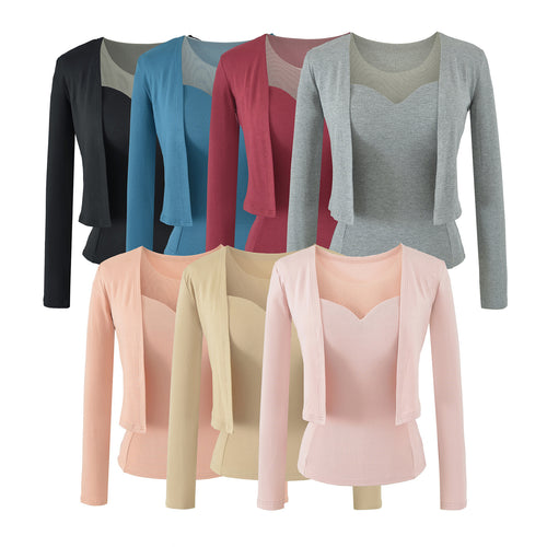 Damen Zweiteiliges Feinstrick-Top-Set mit Mesh-Einsatz und offenem Cardigan Echoarchiv