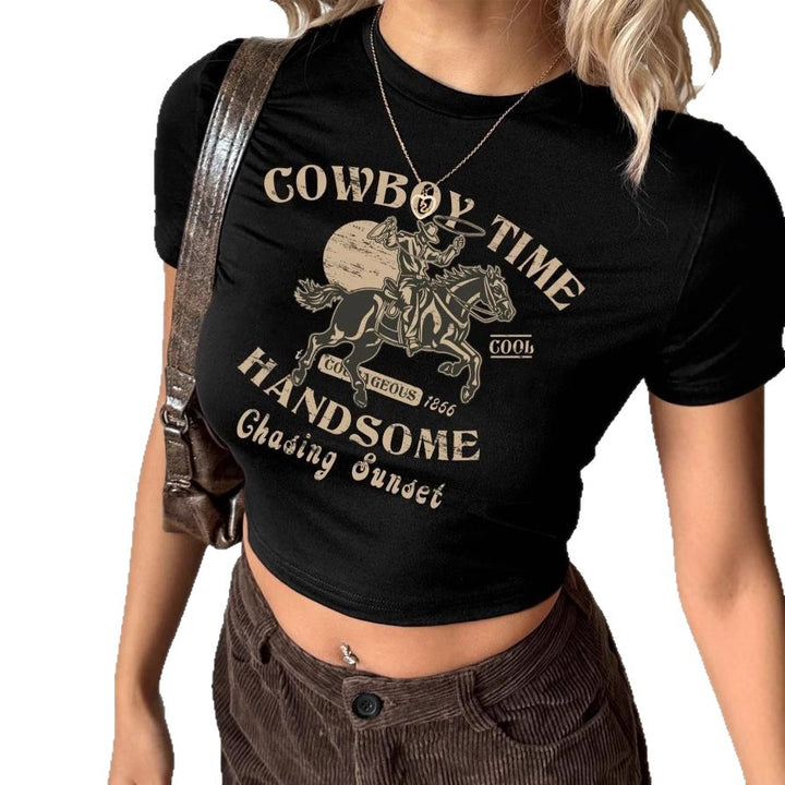 Damen Crop-Shirt mit auffälligem Cowboy-Motiv und stilvollem Schnitt Echo Archiv