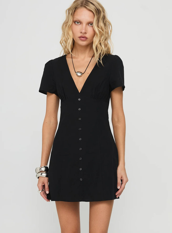 Damen Kurzärmeliges Kleid mit V-Ausschnitt und Knopfleiste Echo Archiv
