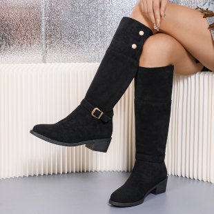 Damen kniehohe Velourslederstiefel mit niedrigem Blockabsatz und Zierriemen – Lioré