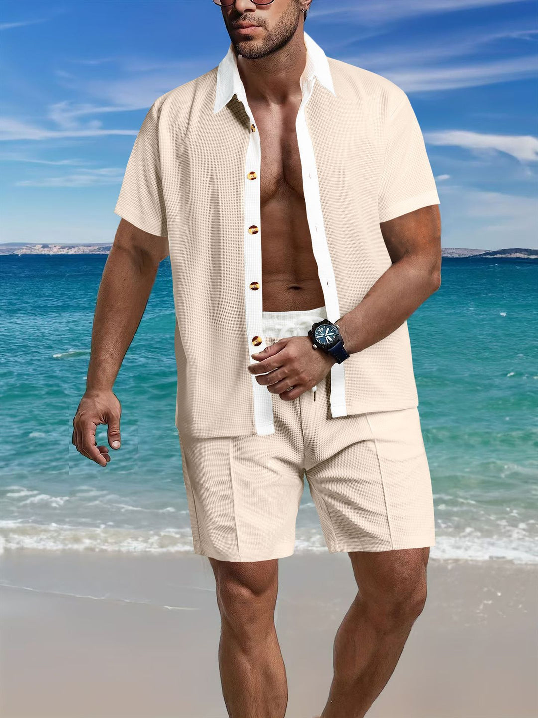 Herren lässiges Kurzarmhemd und Shorts-Set im strukturierten Design Echoarchiv