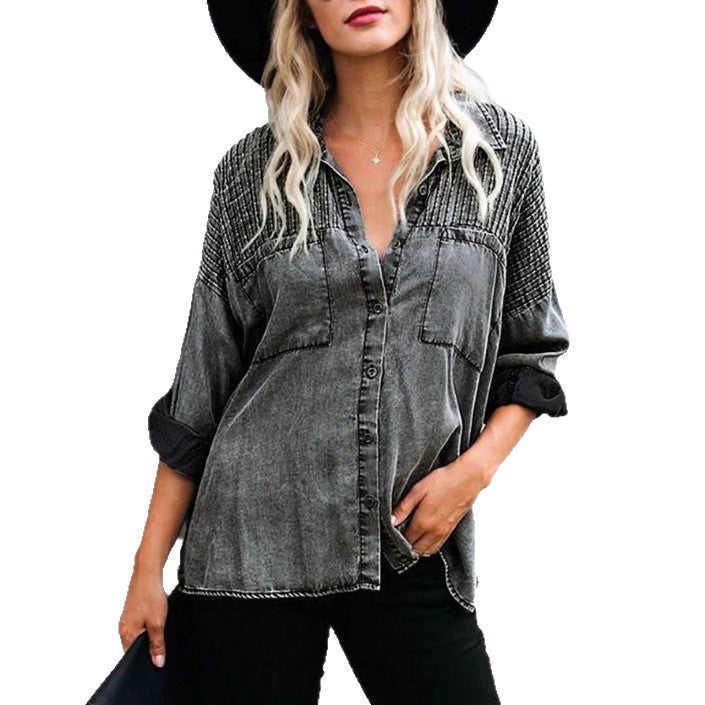 Damen Oversize-Denimbluse mit gesteppter Passe, Knopfleiste und aufgesetzten Brusttaschen Echo Archiv