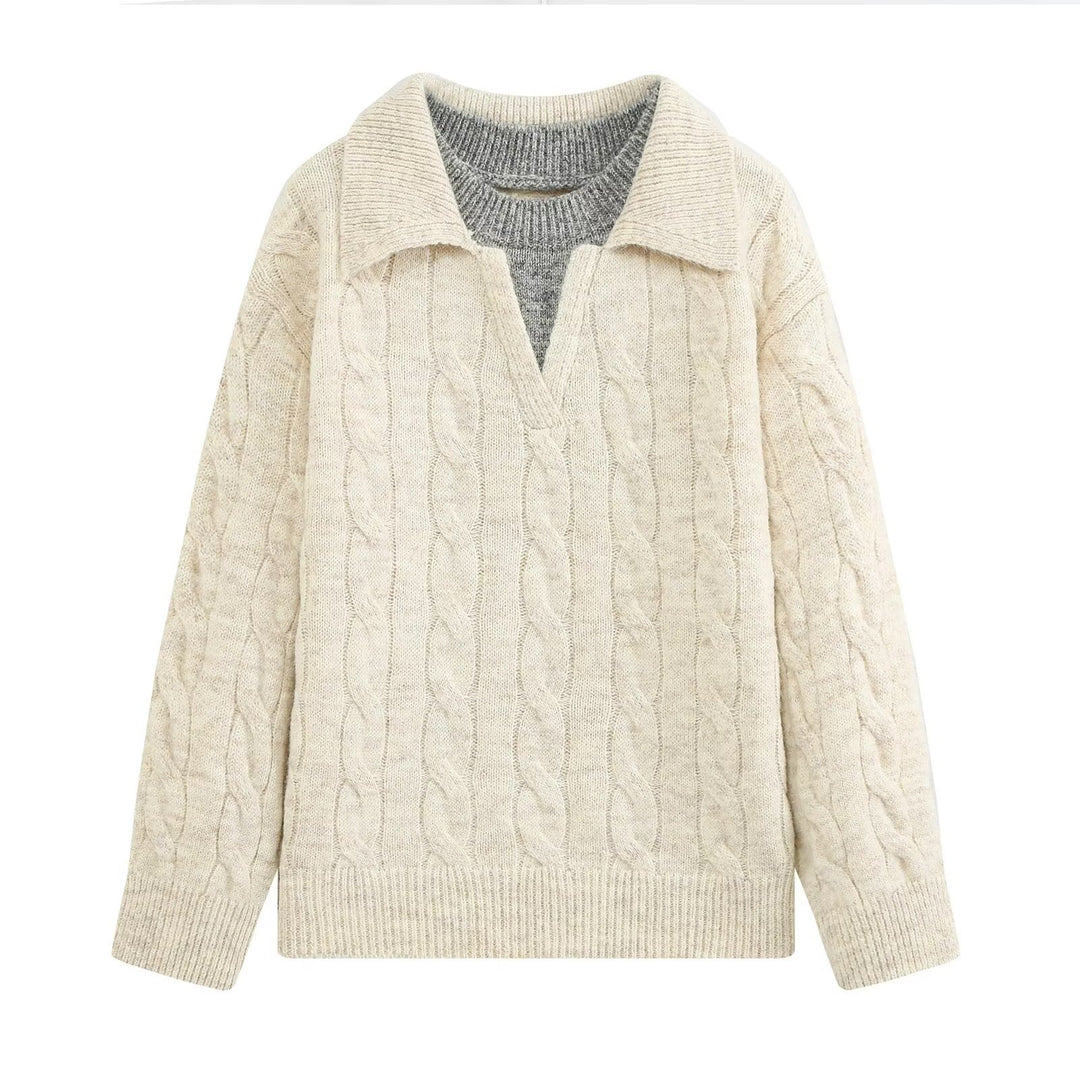 Damen Grobgestrickter Oversize-Pullover mit Polokragen und Zopfmuster Echo Archiv
