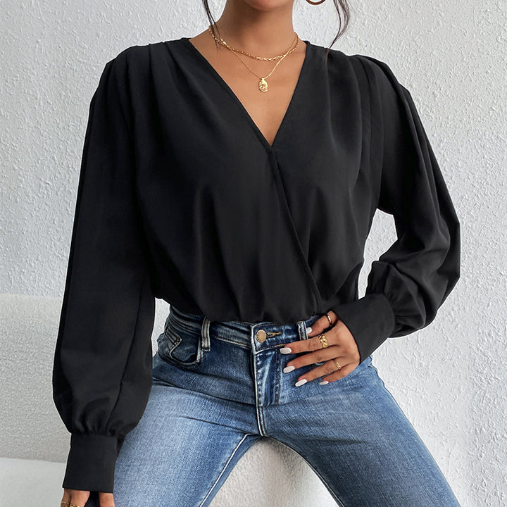 Damen Leichte Wickelbluse mit V-Ausschnitt, gerafften Schultern & Ballonärmeln Echoarchiv