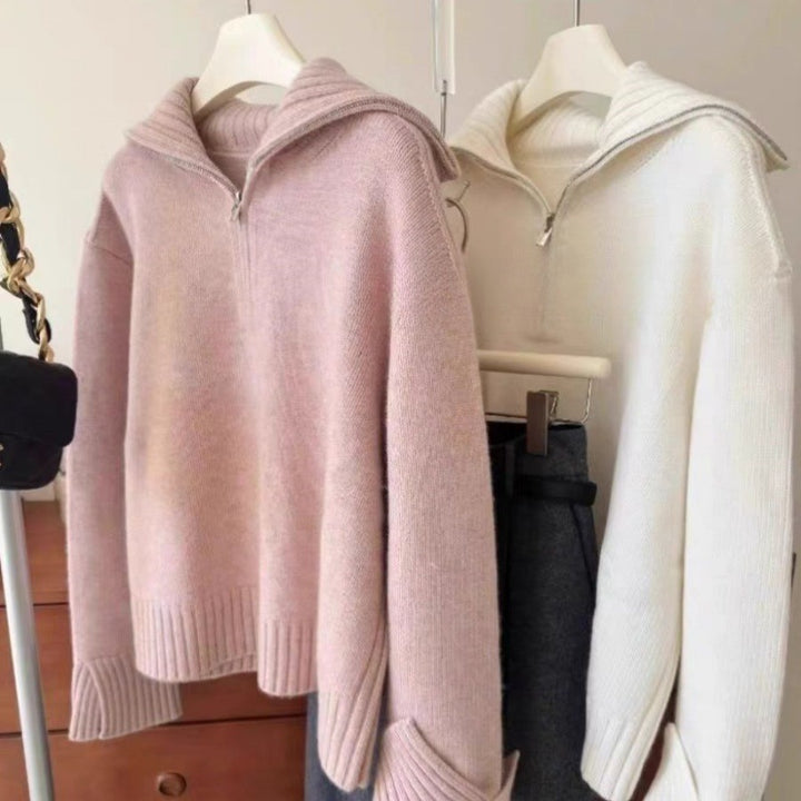 Damen Oversize Feinstrickpullover mit halbem Reißverschluss und weitem Rollkragen Echoarchiv
