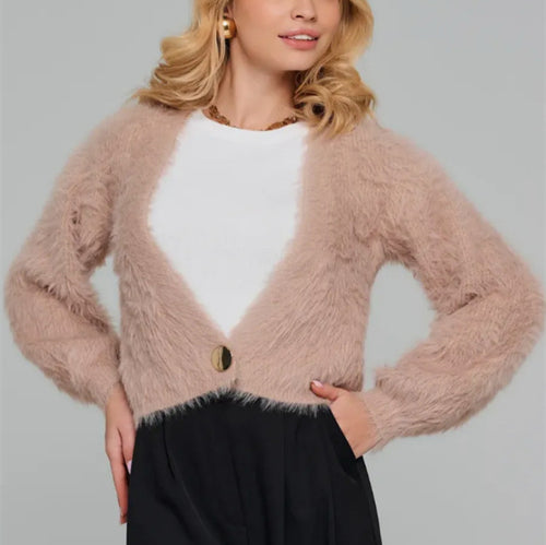 Damen Kurze flauschige Kunstfell-Cardigan mit offenem Schnitt und Raglanärmeln – Veloura