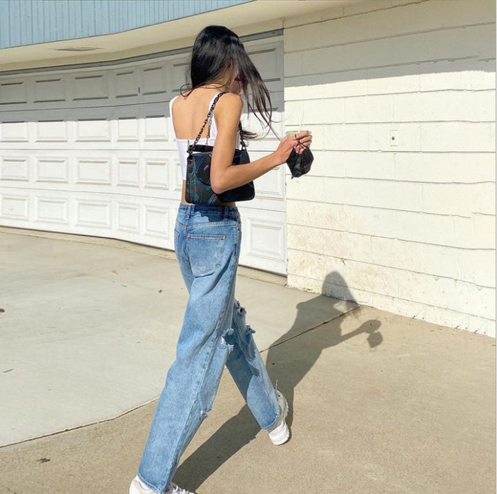 Damen nan hochgeschnittene weite Jeanshose im Baggy-Stil mit Knieausfransungen und elastischem Saum Echo Archiv