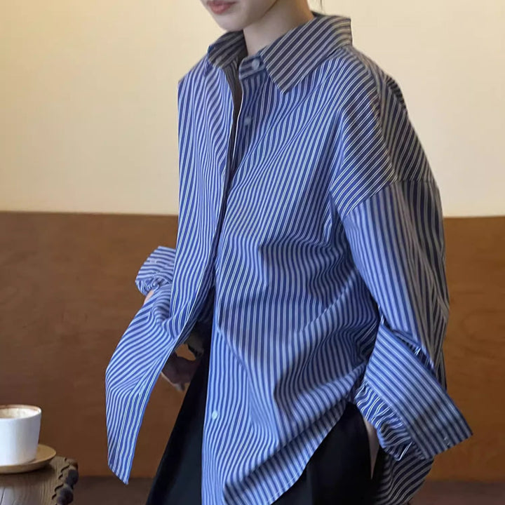 Damen Oversized Langarm Hemdbluse mit vertikalen Streifen und weiter Passform Echoarchiv