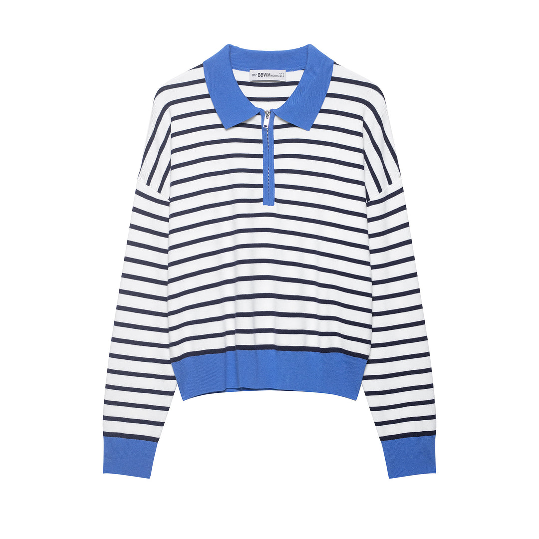 Damen Gestreiftes Cropped Strickpolo mit halbem Reißverschluss und breitem Rippbund Echoarchiv