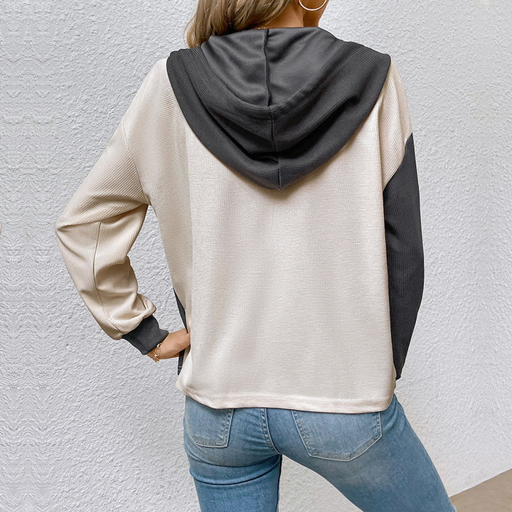Damen Lässiges Colorblock-Hoodie-Henley mit Waffelstruktur und Brusttasche Echoarchiv