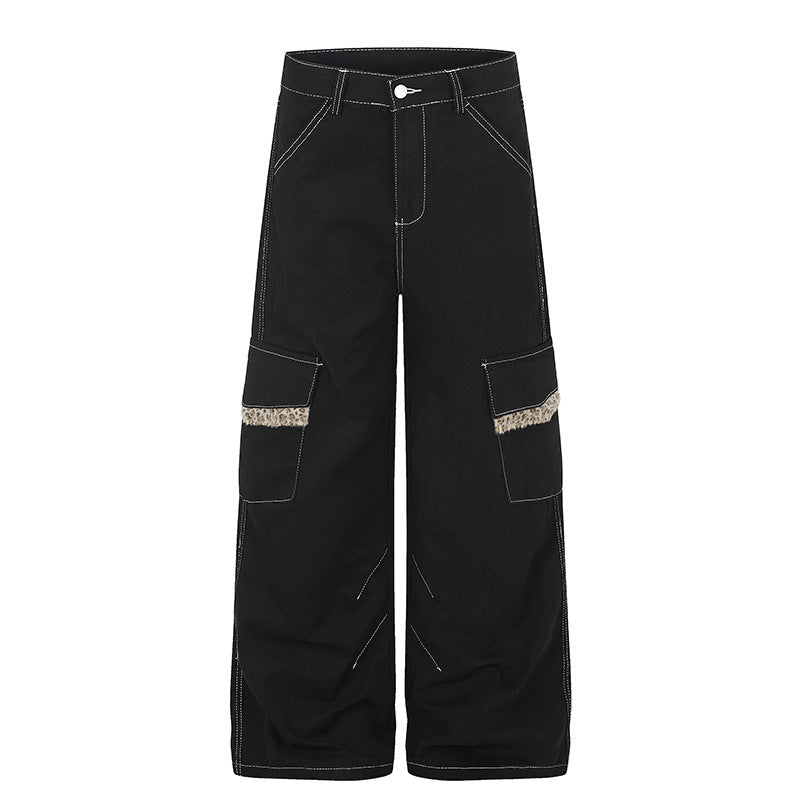 Damen Weite Cargo-Hose mit hoher Taille, großen Klappentaschen und Fellbesatz Echoarchiv