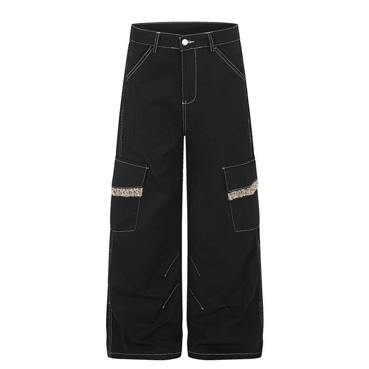 Damen Weite Cargo-Hose mit hoher Taille, großen Klappentaschen und Fellbesatz Echoarchiv