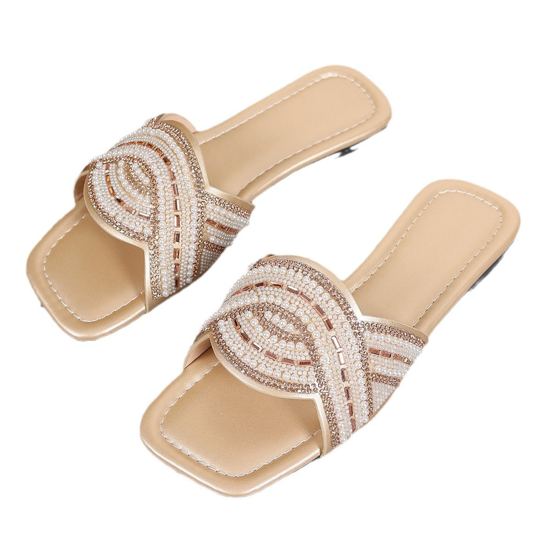 Damen Verzierte Perlen- und Strass-Slides mit quadratischer Zehenbox und flacher Sohle – Sorelia