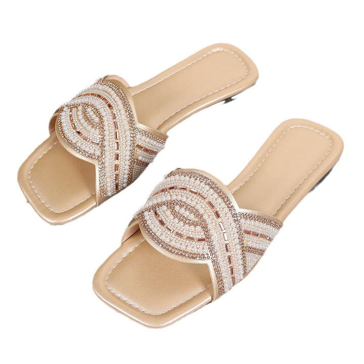 Damen Verzierte Perlen- und Strass-Slides mit quadratischer Zehenbox und flacher Sohle – Sorelia