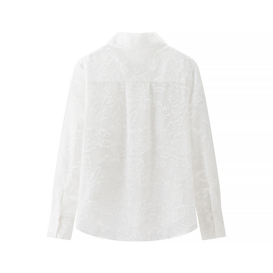 Damen transparente florale Jacquard-Bluse mit Hemdkragen und durchgehender Knopfleiste – Élovi