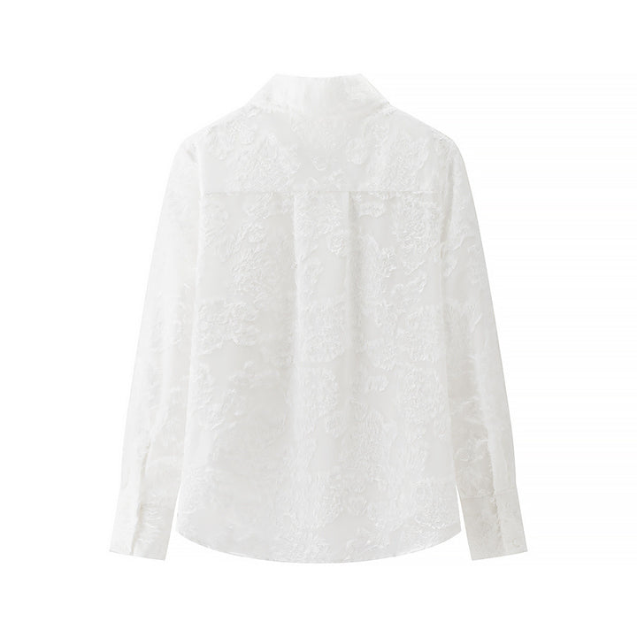Damen transparente florale Jacquard-Bluse mit Hemdkragen und durchgehender Knopfleiste – Élovi