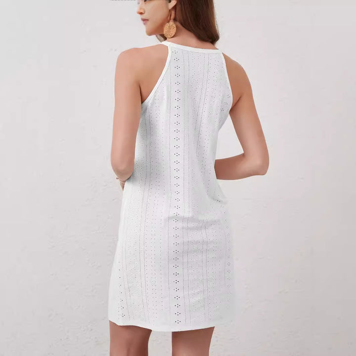 Damen nan ärmelloses Minikleid mit Neckholder, Lochstickerei und floraler Häkelapplikation Echo Archiv