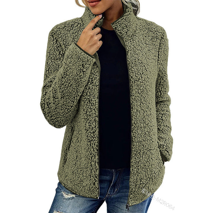 Damen Flauschige Fleecejacke mit hohen Kragen und seitlichen Taschen Echoarchiv
