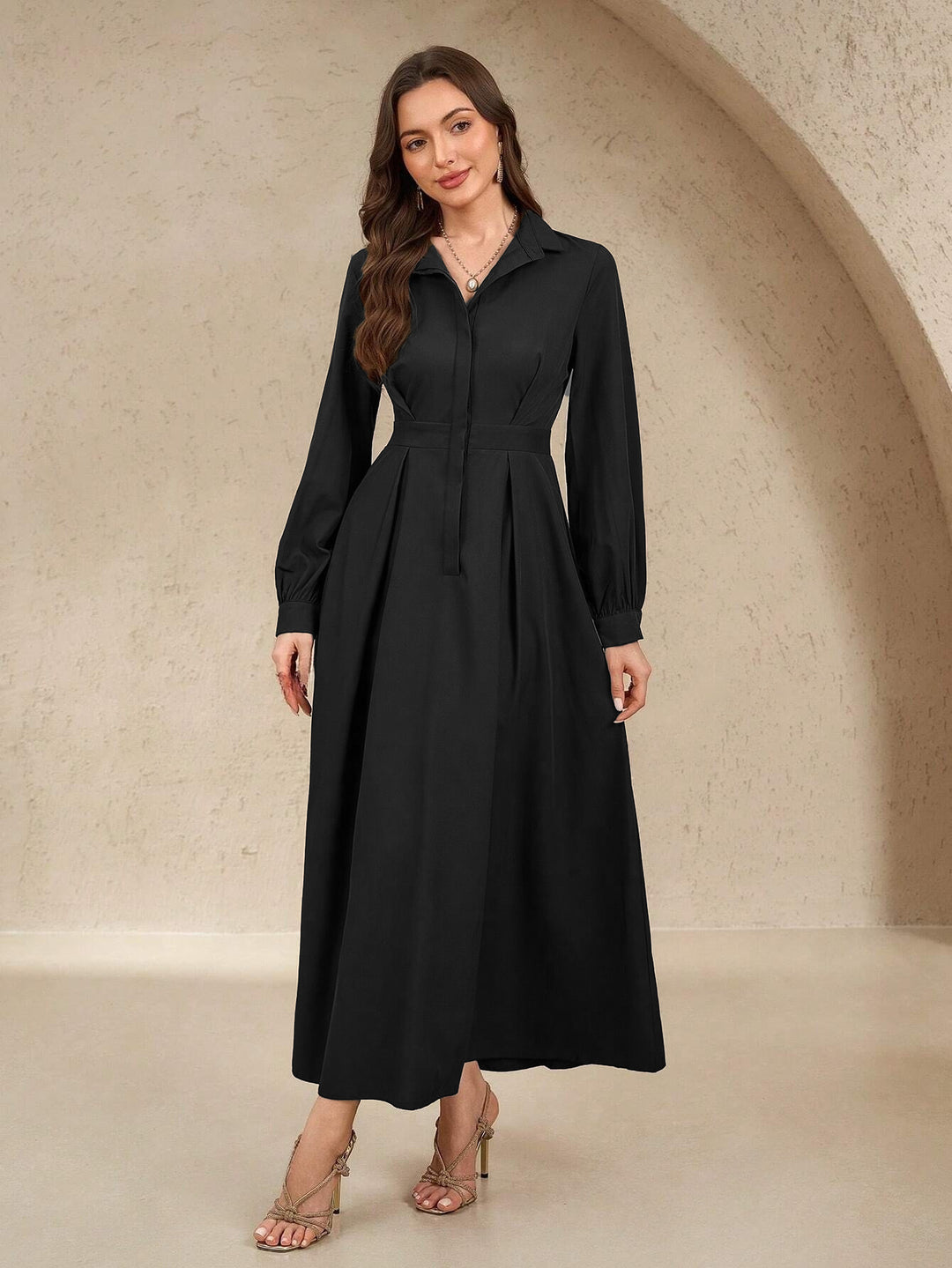 Damen nan langes Hemdblusenkleid mit Taillengürtel, verdeckter Knopfleiste und ballonärmeln Echo Archiv