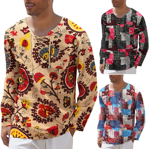 Herren Langarmshirt mit einzigartigem Schnürdetail und kreativem Patchwork-Muster Echoarchiv