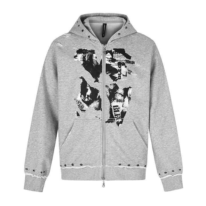Damen Kapuzen-Sweatjacke mit zweiseitigem Reißverschluss, ausgefranstem Saum, Nietenbesatz und Collage-Print Echoarchiv