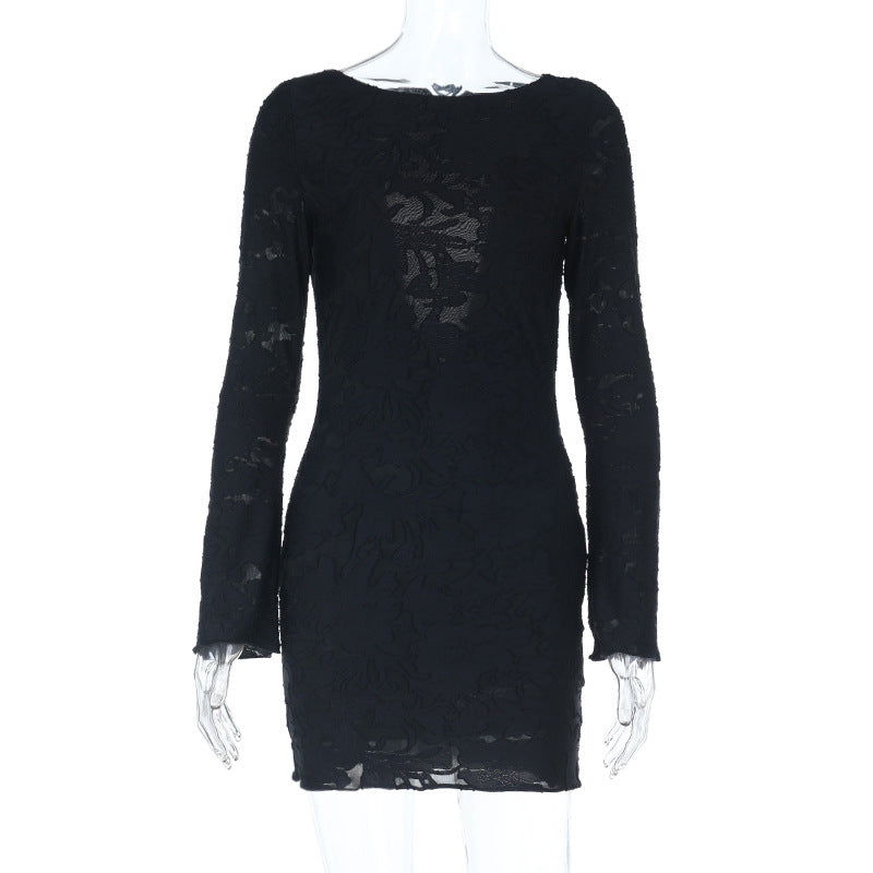 Damen körpernahes Spitzen-Minikleid mit floraler Transparenz und Rundhalsausschnitt – Avérine