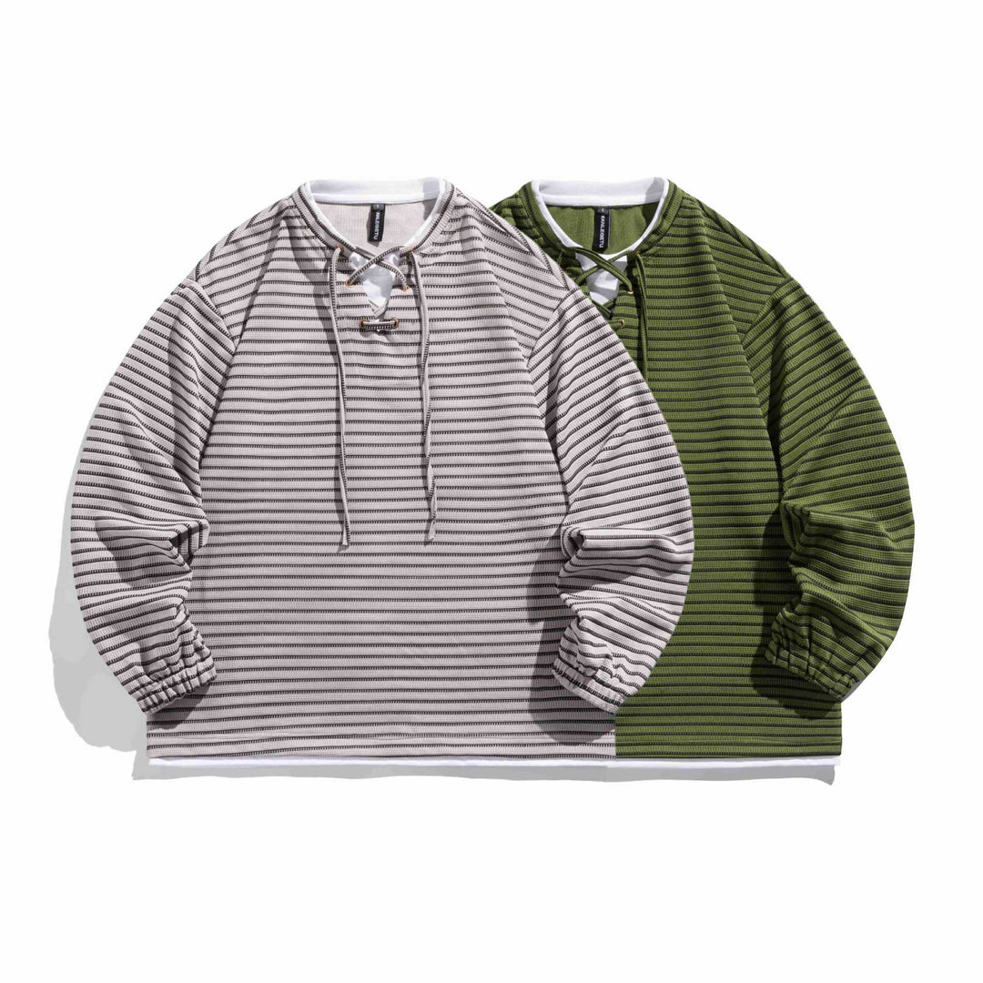 Unisex Gestreifter Waffelstruktur-Pullover mit Schnürverschluss und Raglanärmeln Echoarchiv